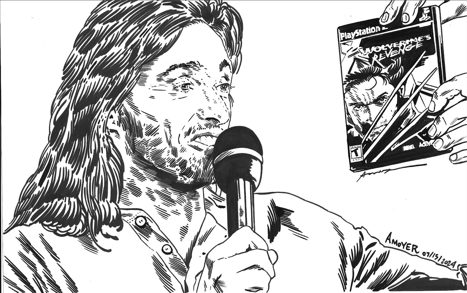 PSHugh – Jackman, with Van Helsing hair extensions, is handed a copy of 'X2: Wolverine’s Revenge' for the Playstation 2 (possibly the most ‘2004’ sentence imaginable) © Aidan Moyer