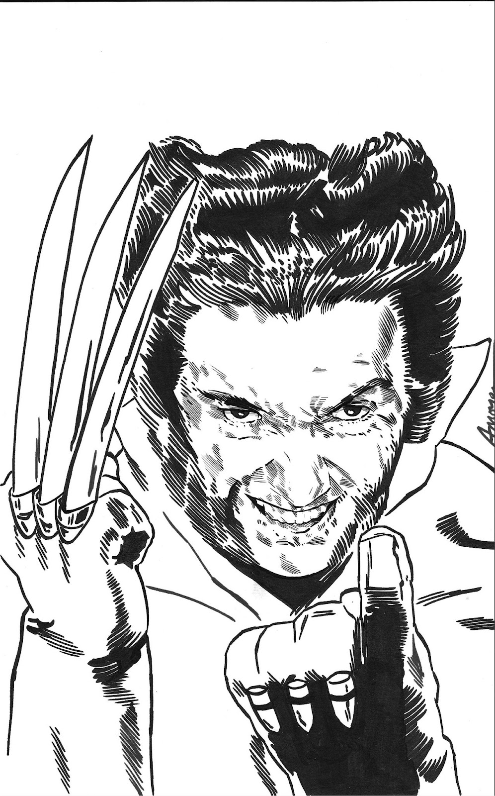 C’mon back, Bub: Hugh Jackman strikes a beckoning pose evocative of Frank Miller and Joe Rubenstein’s cover to 'Wolverine #1' (1982); Miller possibly based the artwork on a Frank Sinatra album cover, 'Come Dance With Me!' © Aidan Moyer