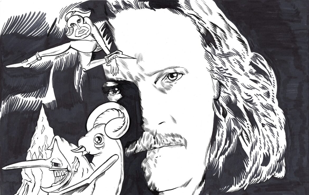 Caleb Landry Jones, as seen in his Jean-Stéphane Sauvaire-directed “Spiders in the Trees” music video, surrounded by his illustrations featured in “The Moonkey Light.” © Aidan Moyer