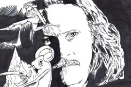 Caleb Landry Jones, as seen in his Jean-Stéphane Sauvaire-directed “Spiders in the Trees” music video, surrounded by his illustrations featured in “The Moonkey Light.” © Aidan Moyer