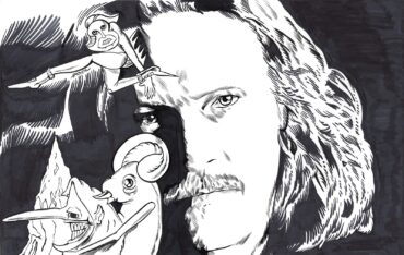 Caleb Landry Jones, as seen in his Jean-Stéphane Sauvaire-directed “Spiders in the Trees” music video, surrounded by his illustrations featured in “The Moonkey Light.” © Aidan Moyer