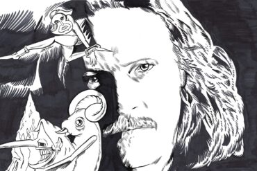 Caleb Landry Jones, as seen in his Jean-Stéphane Sauvaire-directed “Spiders in the Trees” music video, surrounded by his illustrations featured in “The Moonkey Light.” © Aidan Moyer