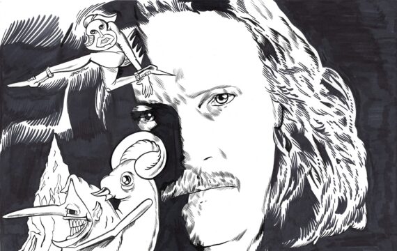 Caleb Landry Jones, as seen in his Jean-Stéphane Sauvaire-directed “Spiders in the Trees” music video, surrounded by his illustrations featured in “The Moonkey Light.” © Aidan Moyer