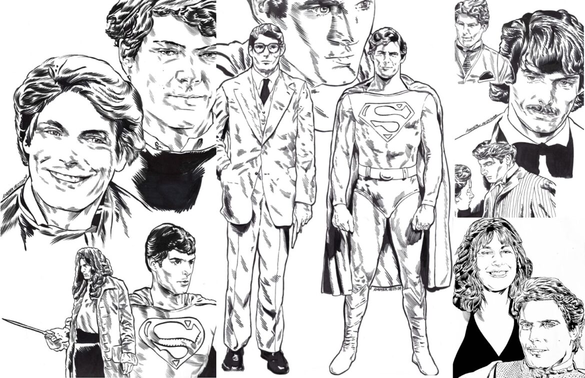 Selected imagery from Christopher Reeve’s life and career. From left to right: First row - Reeve circa 1975, 1967, as Superman (1978), in “The Cherry Orchard’(1980), “The Bostonians” (1985), “Somewhere in Time” (1980); Second row - at Juliard(1973), screen testing for Superman (1976), as Clark Kent and Superman (1978) and with wife Dana Reeve (1995). © Aidan Moyer