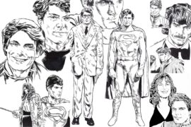 Selected imagery from Christopher Reeve’s life and career. From left to right: First row - Reeve circa 1975, 1967, as Superman (1978), in “The Cherry Orchard’(1980), “The Bostonians” (1985), “Somewhere in Time” (1980); Second row - at Juliard(1973), screen testing for Superman (1976), as Clark Kent and Superman (1978) and with wife Dana Reeve (1995). © Aidan Moyer
