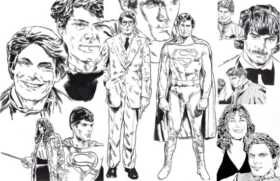 Selected imagery from Christopher Reeve’s life and career. From left to right: First row - Reeve circa 1975, 1967, as Superman (1978), in “The Cherry Orchard’(1980), “The Bostonians” (1985), “Somewhere in Time” (1980); Second row - at Juliard(1973), screen testing for Superman (1976), as Clark Kent and Superman (1978) and with wife Dana Reeve (1995). © Aidan Moyer