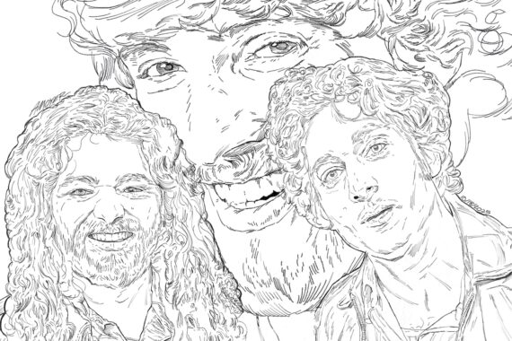 The author pictured with Jeremy Allen White as Bruce Springsteen, while the Boss looms large over the proceedings © Aidan Moyer