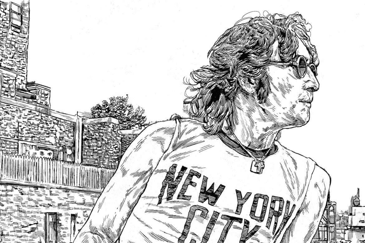 John Lennon in an ensemble that is inexorably tied to his adopted city, based on a photograph by Bob Gruen © Aidan Moyer